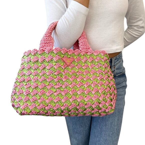 PRADA Vintage Logo Raffia Mini Tote Bag Pink Green Polyethylene [105145] - Picture 1 of 11
